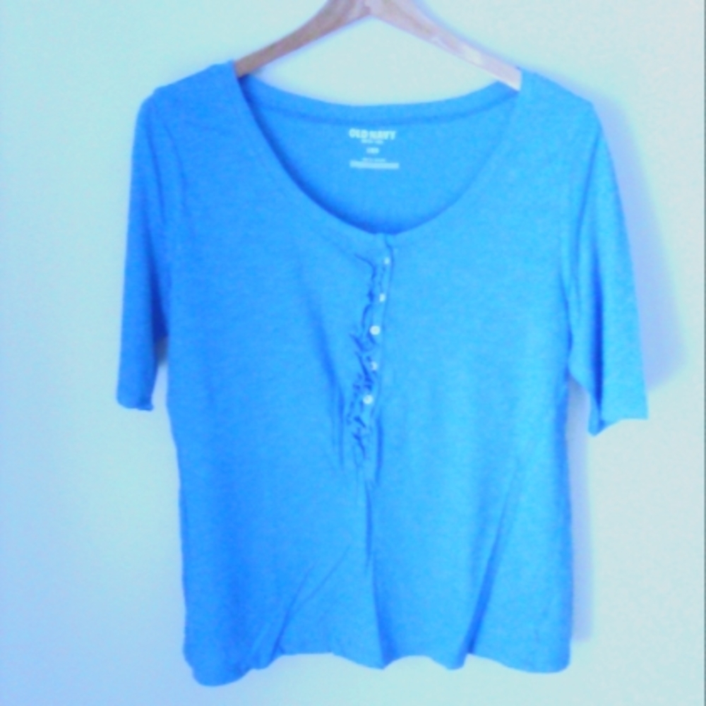 Old Navy Short Sleeve Buttoned Front Henley Top Scoop Neck Blue Color Size L